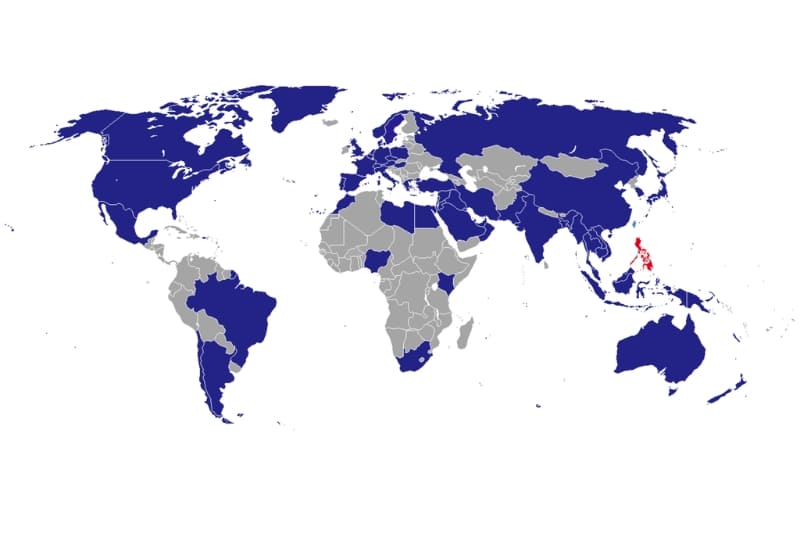 Các nước có Đại sứ quán của Philippines trên thế giới (màu xanh)